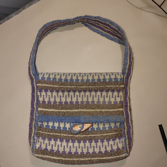 Handwoven Wool Shoulder Bag Blue White Brown Stripes Wood Button Closure Vintage - Picture 4 of 9
